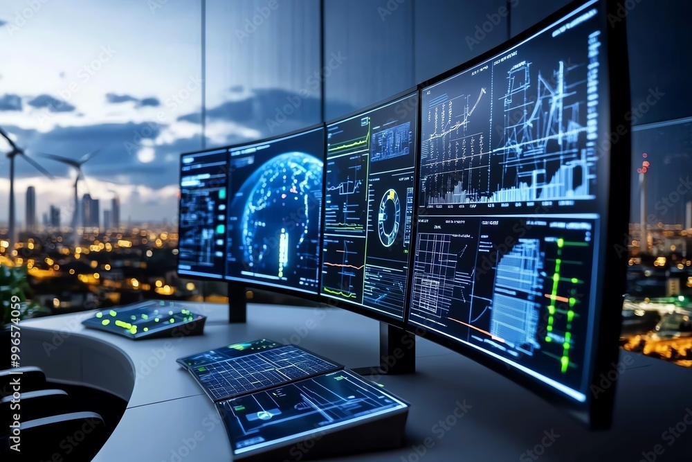Poster a smart city control center monitoring energy usage, with displays showing data from solar panels, w