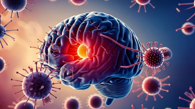 A stylized visualization of a brain under viral attack, highlighting biological processes and immune responses in a scientific context