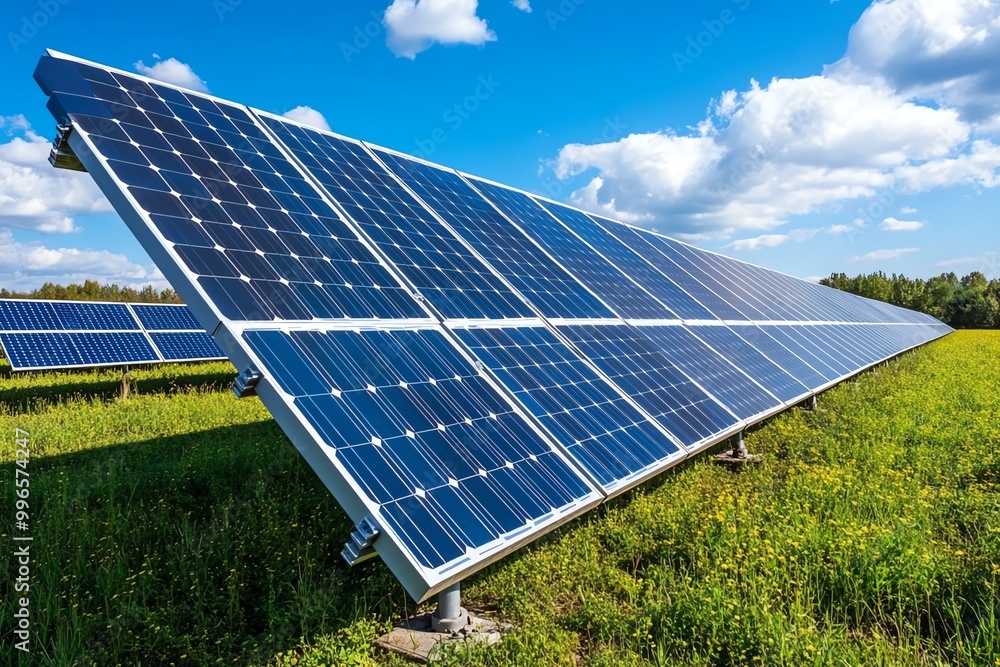 Poster A single solar panel standing alone in a field, symbolizing the simplicity and power of renewable energy in a minimalist design