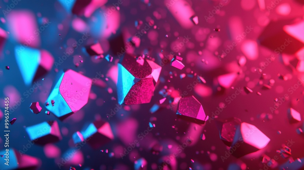 Poster abstract colorful geometric shapes with glowing effects on a dark background.