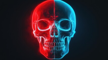 A striking skull illustration with red and blue neon lighting, creating a captivating visual effect against a dark background.