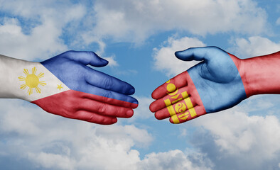 Mongolia and Philippines country handshaking with flags, consensus concept international co-operation illustration