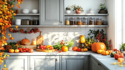Thanksgiving home kitchen filled with fresh produce pumpkins, herbs, and spices, vibrant autumn colors, realistic 3D render, isolated on white background