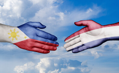 Netherlands and Philippines country handshaking with flags, consensus concept international co-operation illustration