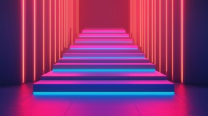 Fototapeta premium Bright, modern stairs with neon lights in a futuristic setting.