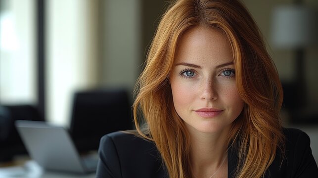 Portrait of a beautiful redhead woman in a professional setting