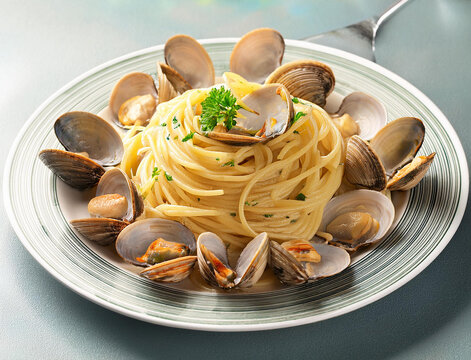 a plate of Linguine Alle Vongole. Italian pasta with clams.