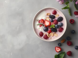 breakfast bowl with fresh berries, milk, and nuts on a grey background. Flat design for a healthy food concept. Oatmeal with fresh berries, milk, and nuts