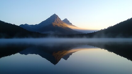 Mountain reflected in calm lake at sunrise