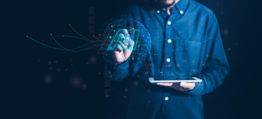 A person interacting with a digital interface, showcasing futuristic technology concepts through gestures and touch. AI symbol Blue background enhances focus.