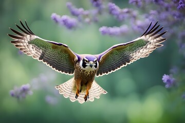 Obraz premium A regal falcon with delicate lavender flowers on its back soaring in front of a green bokeh background, Ai Generated