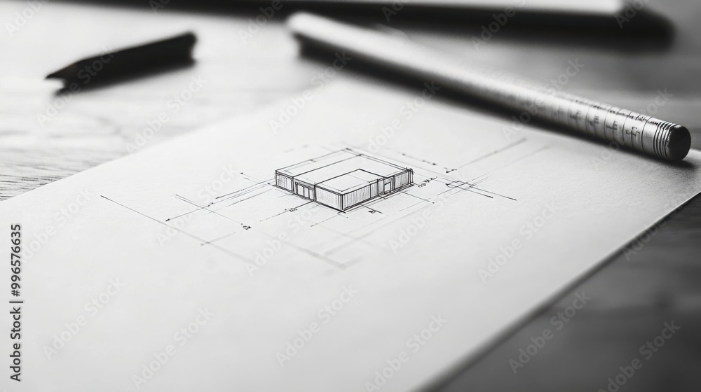 Poster empty table with only a single architectural drawing in the center, emphasizing simplicity