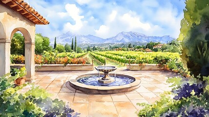 Tranquil Courtyard with Fountain and Vineyard View.