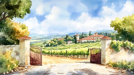Watercolor Painting of a Tuscan Vineyard with a Stone Gate.