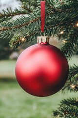 Obraz premium Festive red ornament on christmas tree branch with lights in background