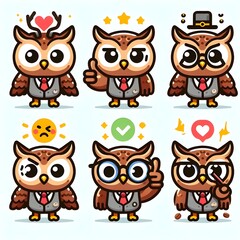 Cute Owl Cartoon Icon Set . Cute Chibi Owl Icon Emoticon Set for Graphic Resources Vector Flat Design