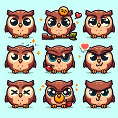 Cute Owl Cartoon Icon Set . Cute Chibi Owl Icon Emoticon Set for Graphic Resources Vector Flat Design