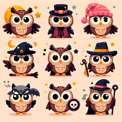 Cute Owl Cartoon Icon Set . Cute Chibi Owl Icon Emoticon Set for Graphic Resources Vector Flat Design