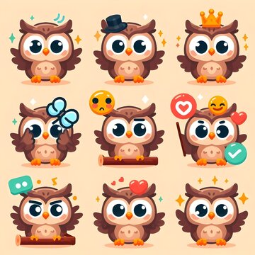 Cute Owl Cartoon Icon Set . Cute Chibi Owl Icon Emoticon Set for Graphic Resources Vector Flat Design