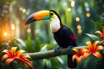 A toucan with large vibrant tropical flowers growing from its back with a glowing jungle bokeh, Ai generated