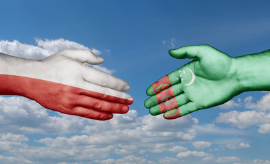 Turkmenistan and Poland country handshaking with flags, consensus concept international co-operation illustration