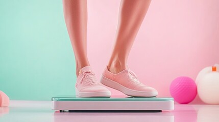 A stylish shot of pink sneakers on a digital scale with a vibrant pastel background, emphasizing fitness and positivity.