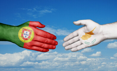 Cyprus and Portugal country handshaking with flags, consensus concept international co-operation illustration