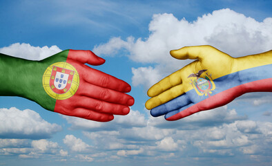 Ecuador and Portugal country handshaking with flags, consensus concept international co-operation illustration