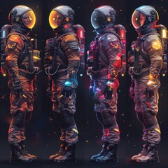 A set of various (Y2K astronauts in open space) in full detail, isolated on a transparent background.