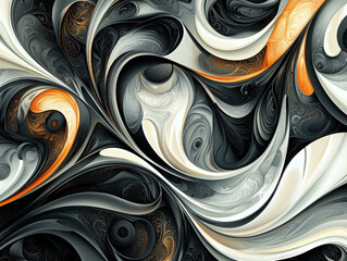 Abstract organic forms with swirling patterns in shades of black, white, and orange create dynamic visual experience. intricate design evokes sense of movement and fluidity