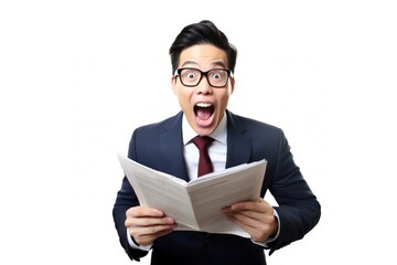 Taiwanese businessman reporter reading the news glasses adult white background.