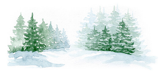  Watercolor snowy forest illustration, scene of misty forest © ARTBRUSH