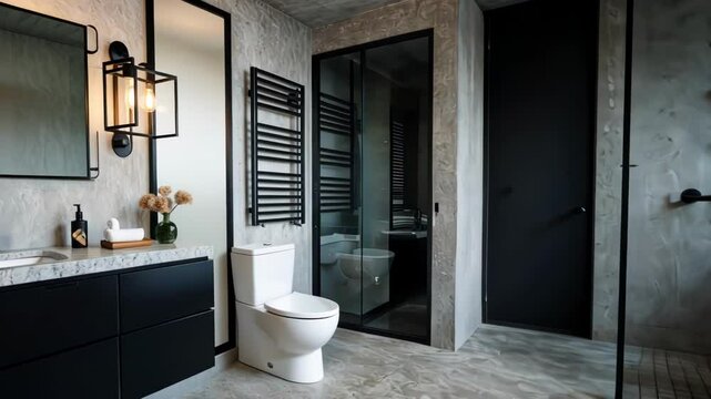 A modern bathroom featuring sleek design elements, minimalist decor, and an overall elegant atmosphere, emphasizing functionality and comfort