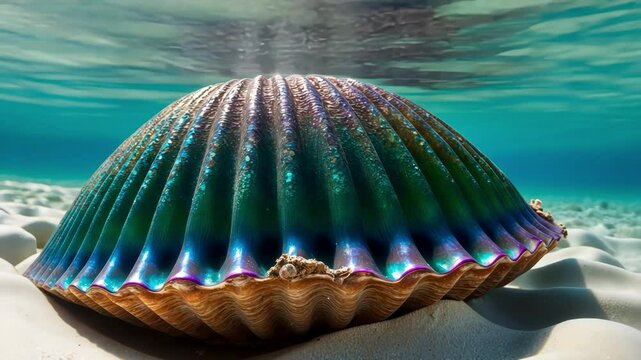 A vibrant close up of a scallop shell underwater, showcasing its textures and colors in a serene ocean environment