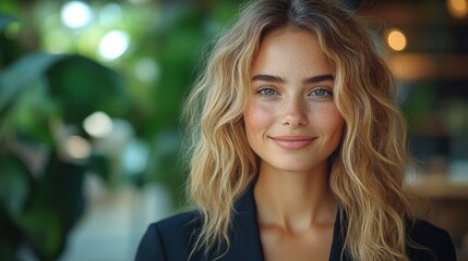 Obraz premium Portrait of a Beautiful Woman with Blonde Curly Hair and Freckles Smiling
