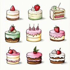 A delightful assortment of colorful cakes topped with strawberries, cherries, and cream, perfect for any dessert lover.
