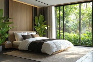 a modern bedroom with a queen-size bed, a minimalist headboard, and a large window with a garden view
