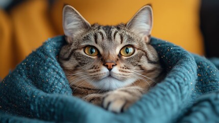 A cozy cat wrapped in a soft blanket, exuding warmth and comfort.