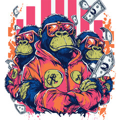 Gorillas in funky glasses and expensive designer shirts, standing in front of a background of repeated rectangles painted with a rectangular b