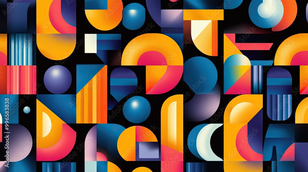 Poster a vibrant abstract pattern featuring geometric shapes in bold colors and smooth gradients on a dark 