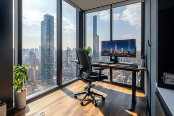 a modern home office with a standing desk, a ergonomic chair, and a large window with a city view