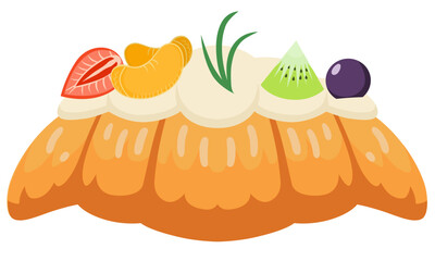 Sweet Croissant With Cream And Fresh Fruits Topping, Vector Illustration. Strawberry, Orange, Kiwi, Blackberry And Edible Leaf Decoration.