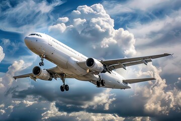 A white airplane is flying through a cloudy sky, generative ai image