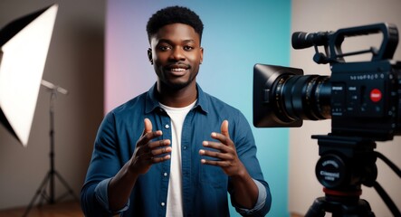 Confident young Black actor in a studio performing in front of the camera