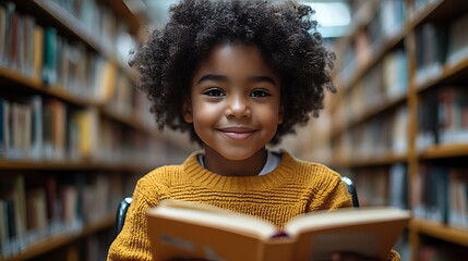 Happy young disabled mixed race school student in wheelchair reading a library book. African american child with disability learning. Inclusive & diverse education
