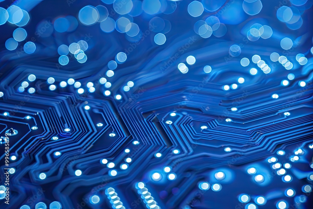 Poster close-up of a blue circuit board with glowing lights, showcasing intricate patterns and modern techn