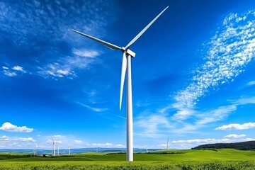 Fototapeta premium A wind turbine farm generating clean energy, with blue skies and green fields symbolizing green technology