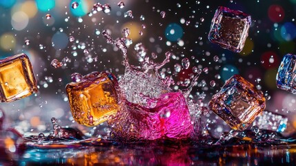 A vibrant scene of ice cubes and soda splashing together, with bubbles rising to the surface of colorful water, highlighting the refreshing feel of carbonated drinks.