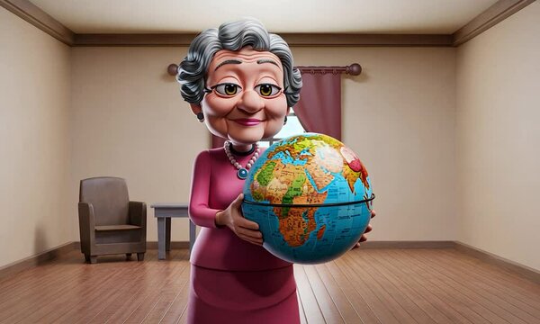Elderly Woman Holding Globe in Classroom Setting: Embracing Education and Wisdom