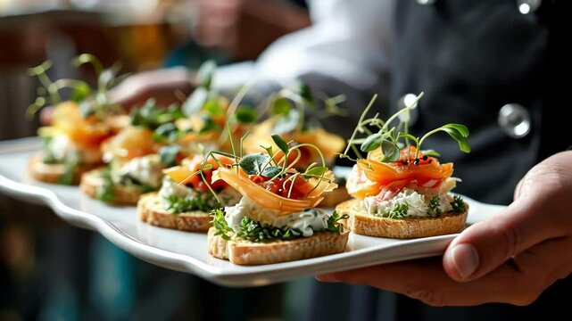 A stylish platter of gourmet appetizers showcases vibrant flavors and elegant presentation, ideal for catering events and social gatherings